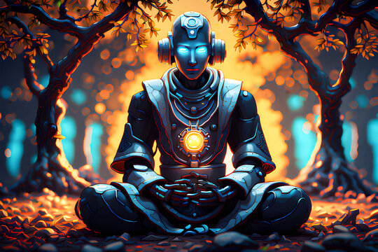 A male robot in meditation. Generative AI