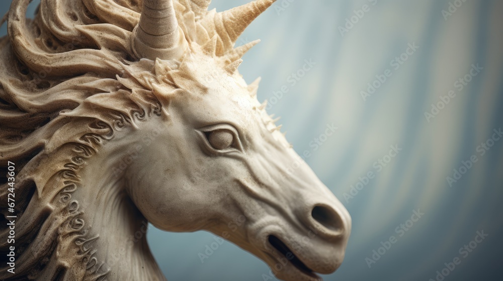 Poster a close up of a statue of a unicorn's head on a blue background with waves in the background. genera