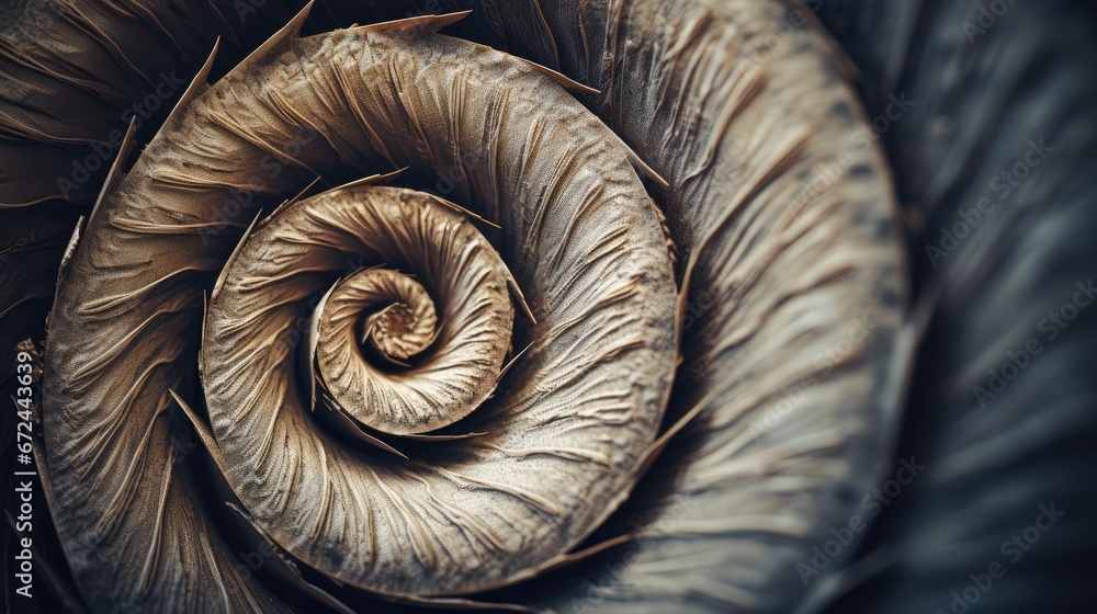 Poster a close up view of a spiral shaped animal's shell, with a dark background and a soft focus on the ce