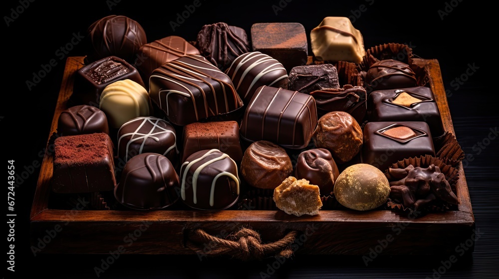 Poster a wooden box filled with assorted chocolates on top of a wooden table next to a string of twine. gen