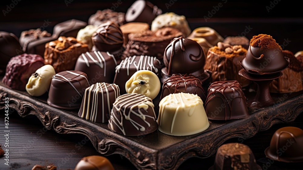 Poster a tray filled with assorted chocolates sitting on top of a wooden table next to a pile of other choc