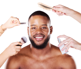 Many hands grooming face of black man, beauty products or salon treatment. Skincare, portrait and happy person at spa with perfume, brush and tweezer for health isolated on transparent png background