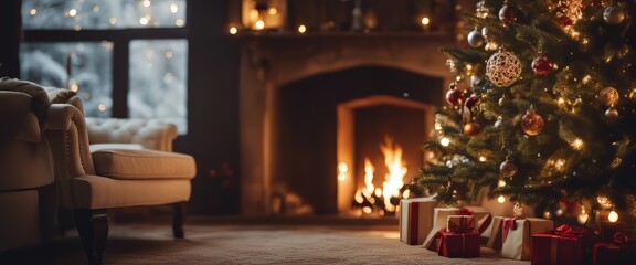 Christmas tree, decorated with New Year's toys, stands near the fireplace