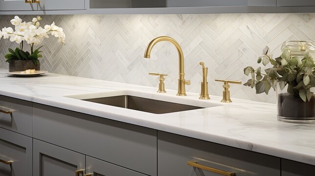 a luxury kitchen sink, the intricate herringbone backsplash tiles, the pristine white marble countertop, and the opulent gold faucet, the elegance of this kitchen design.
