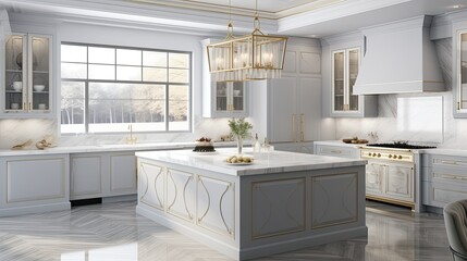 Fototapeta na wymiar a luxury kitchen sink, the intricate herringbone backsplash tiles, the pristine white marble countertop, and the opulent gold faucet, the elegance of this kitchen design.