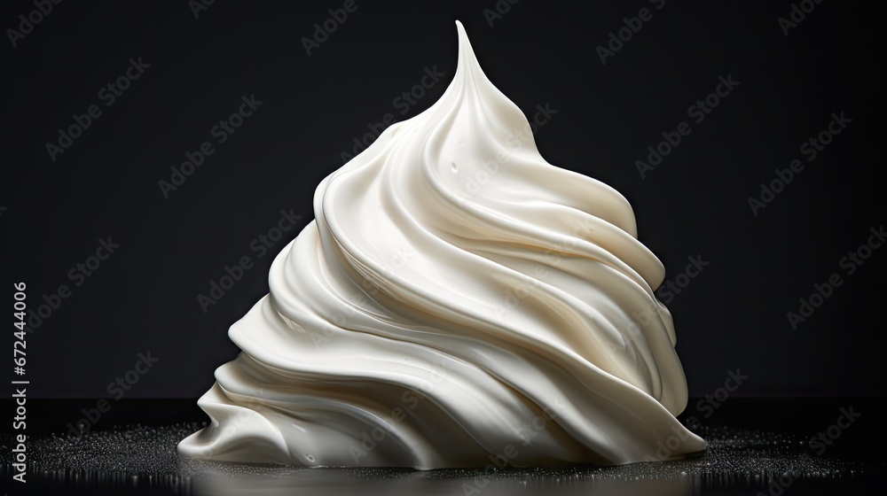 Poster a close up of a whipped cream cone on a black surface with a reflection of the top of the cone. gene