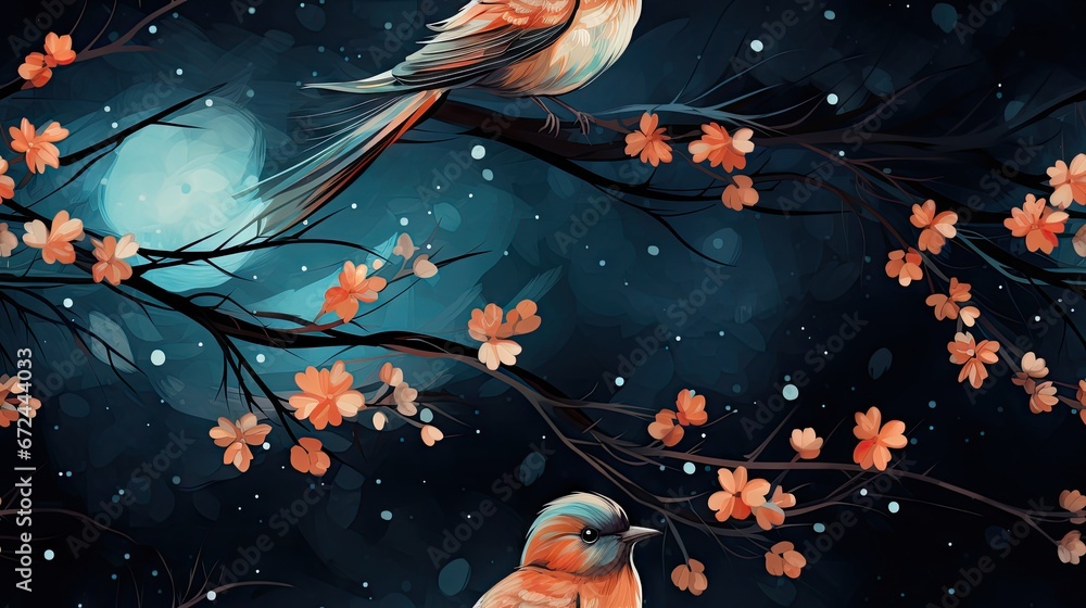 Poster a painting of two birds sitting on a tree branch in front of a full moon with flowers in the foregro