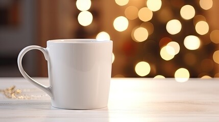  a white coffee cup sitting on top of a table next to a christmas tree with lights in the back ground.  generative ai
