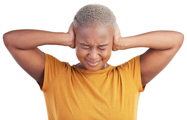 Stress, headache and black woman cover ears in anxiety or mental health isolated on a transparent...