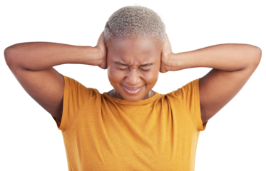 Stress, headache and black woman cover ears in anxiety or mental health isolated on a transparent PNG background. Face of African female person migraine in noise crisis, loud sound or distraction