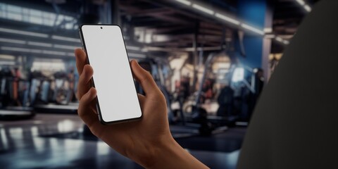 CU Caucsaian man using phone in a gym, coachint training sports app mockup