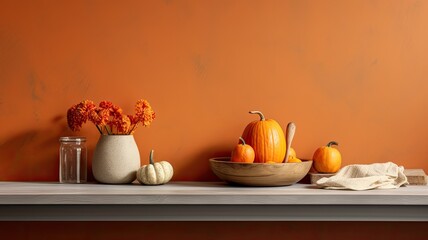 Obraz na płótnie Canvas an empty kitchen counter set, offering an ideal backdrop for product presentation or branding during the autumn food season, the presence of a basket, a vibrant pumpkin,