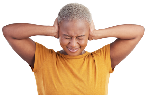 Stress, headache and black woman cover ears in anxiety or mental health isolated on a transparent PNG background. Face of African female person migraine in noise crisis, loud sound or distraction