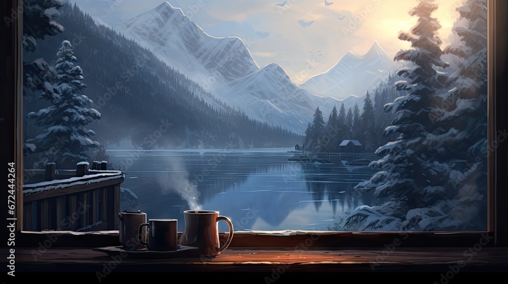 Poster a window with a view of a snowy mountain lake and a cabin with two mugs on the window sill. generati
