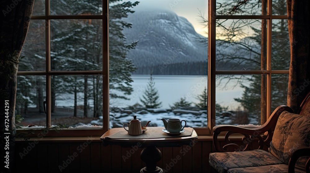 Poster a table with a tea pot and a cup on it in front of a window with a view of a lake. generative ai