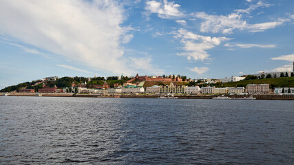 Fototapeta na wymiar Russia. Travel along the Volga River. City of Nizhny Novgorod. Panorama of the Kremlin from the ship
