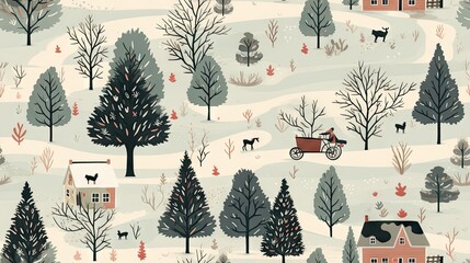  a winter scene with houses, trees, and a sleigh in the foreground and a dog on a sleigh in the background.  generative ai - obrazy, fototapety, plakaty
