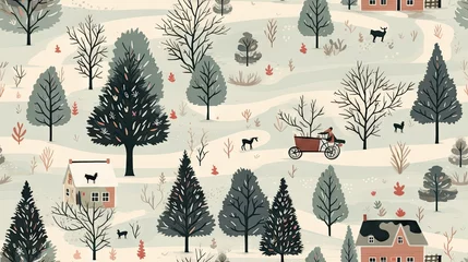 Fotobehang  a winter scene with houses, trees, and a sleigh in the foreground and a dog on a sleigh in the background.  generative ai © Olga