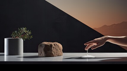 a female hand using a washing sponge to meticulously clean a stone surface on a kitchen tabletop. The composition adhere to a modern minimalist style, highlighting the beauty of the process.