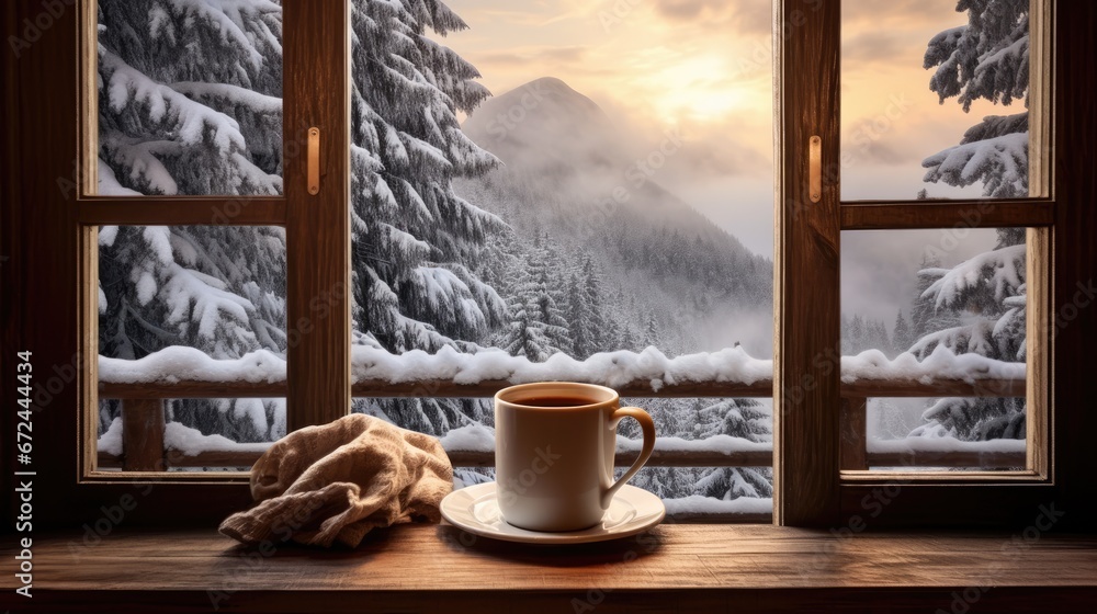 Aufkleber a cup of coffee on a saucer next to a window with a view of a snowy mountain and trees. generative a