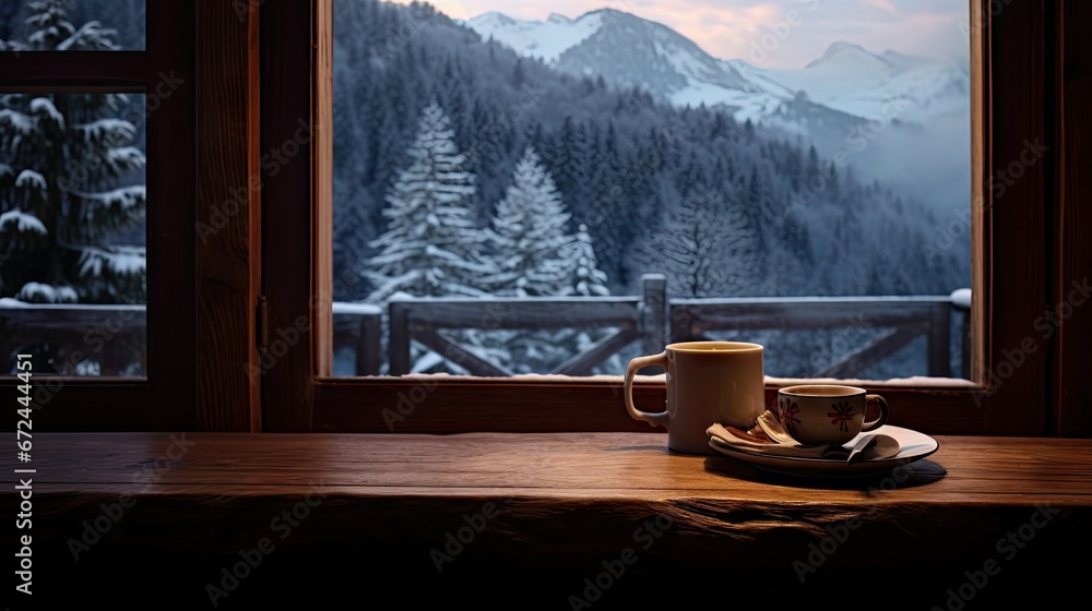 Poster a cup of coffee sits on a table in front of a window with a view of a snowy mountain range. generati