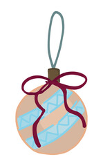 Doodle of glass bauble on ribbon. Cartoon clipart of Christmas tree decoration. Vector illustration isolated on white background.