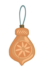 Doodle of glass bauble on ribbon. Cartoon clipart of Christmas tree decoration. Vector illustration isolated on white background.