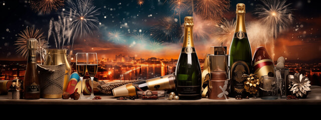 New Year's 2024 Celebration with Champagne and Fireworks, generative AI - obrazy, fototapety, plakaty