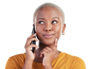 Thinking black woman, face and cellphone call, discussion and doubt over smartphone choice, plan or...
