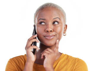 Thinking black woman, face and cellphone call, discussion and doubt over smartphone choice, plan or connectivity solution. Talk, question and person contact phone user on transparent, png background