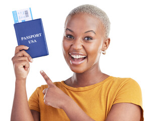 Portrait, black woman and point at passport ticket for world, global or worldwide travel, adventure or journey to USA. Smile, boarding pass documents or African tourist on transparent, png background - obrazy, fototapety, plakaty
