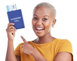 Portrait, black woman and point at passport ticket for world, global or worldwide travel, adventure or journey to USA. Smile, boarding pass documents or African tourist on transparent, png background