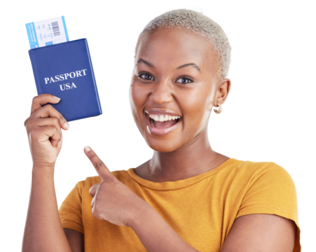 Portrait, black woman and point at passport ticket for world, global or worldwide travel, adventure or journey to USA. Smile, boarding pass documents or African tourist on transparent, png background - Powered by Adobe