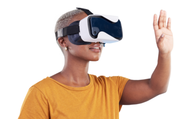 VR, glasses and woman with hands for cyber innovation, futuristic video game or metaverse isolated on transparent png background. African model, virtual reality or future of high tech user experience