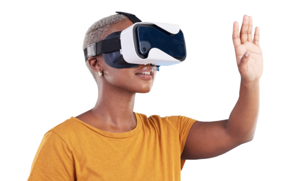 VR, glasses and woman with hands for cyber innovation, futuristic video game or metaverse isolated on transparent png background. African model, virtual reality or future of high tech user experience