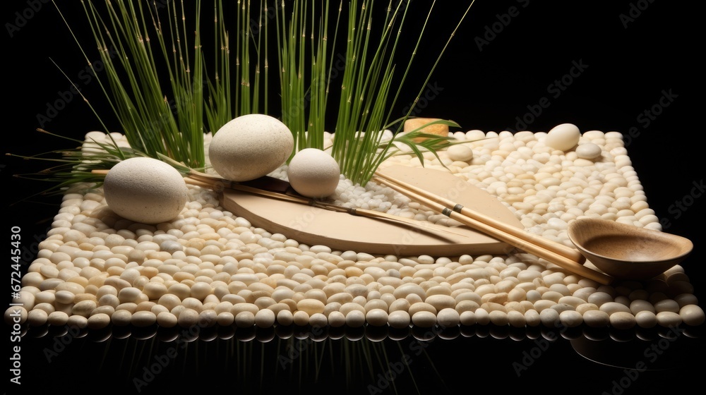 Aufkleber a table topped with a bowl of rice and a pair of chopsticks on top of a table covered in rocks. gene