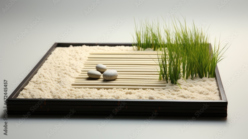 Poster a close up of a tray of food with a grass and two rocks on top of a sand and grass mat. generative a