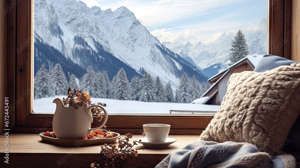 Poster a cup of coffee and a teapot sit on a window sill in front of a snowy mountain view. generative ai