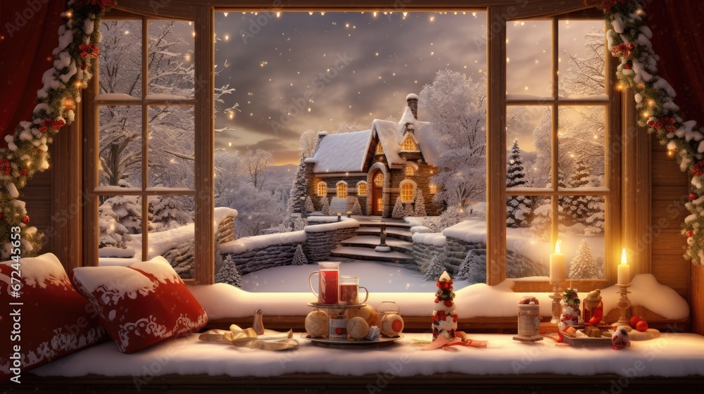 Poster a window view of a winter scene with a lit candle and christmas decorations on a window sill with a 