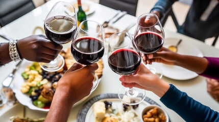 Happy friends toasting red wine glasses at dinner party. Group of people having dinner at bar restaurant. Food and beverage. top view