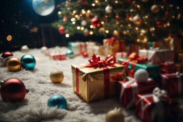 Gift boxes under Christmas tree. New Year and Christmas design. Holiday banner, web poster, flyer, stylish brochure, greeting card, cover. Xmas background with bokeh