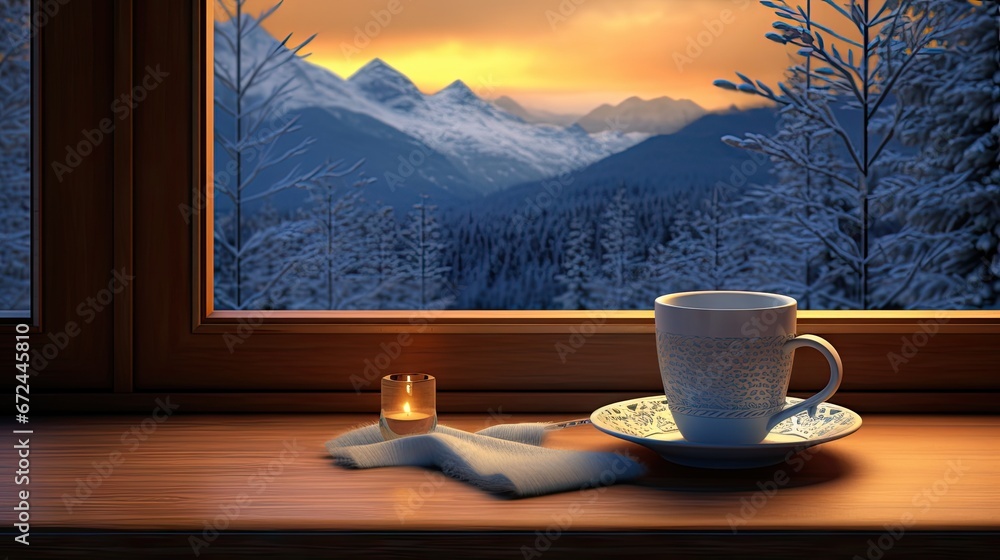 Poster a cup and saucer sitting on a table in front of a window with a view of a snowy mountain. generative
