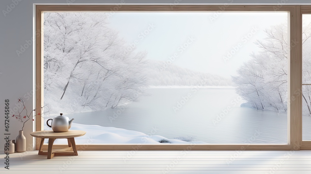 Poster a window view of a snowy lake with a teapot on a table in the foreground and a bench in the foregrou