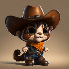  3D rendering of cute cowboy mascot with big hat and bandana around neck.