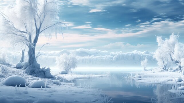  a painting of a snowy landscape with a lake and trees in the foreground and a blue sky with clouds in the background.  generative ai