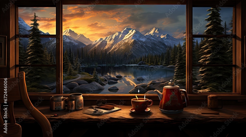 Poster a painting of a mountain scene with two cups of coffee on a table in front of a window with a view o