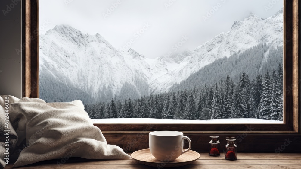 Poster a cup and saucer sitting on a table in front of a window with a view of a snowy mountain. generative