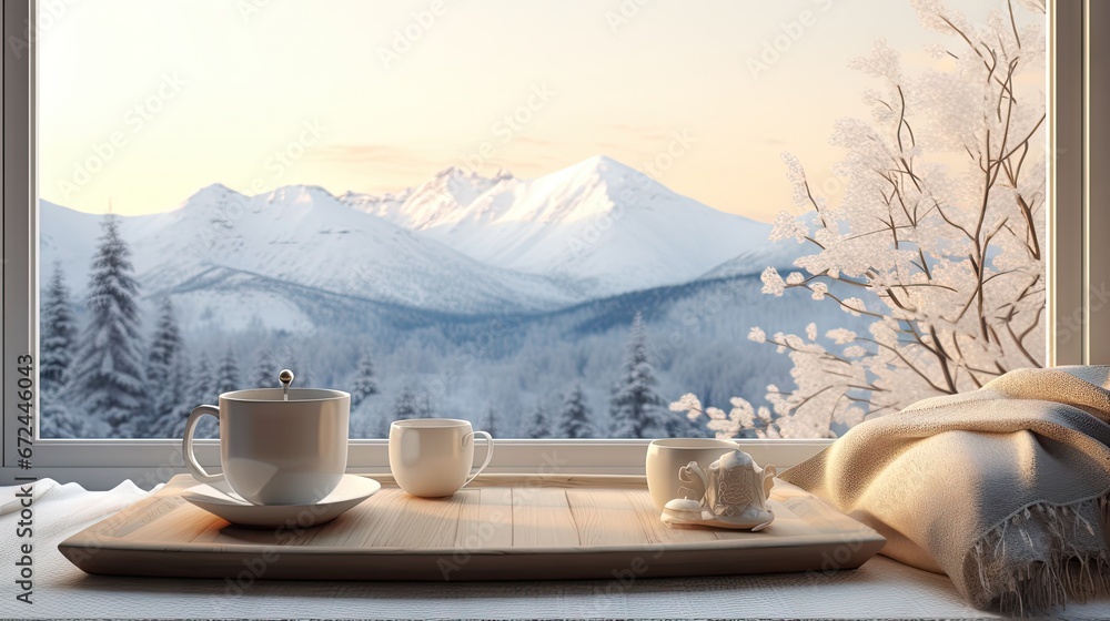 Poster a tray with two cups of coffee on it next to a window with a view of a snowy mountain range. generat