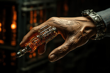A robotic hand holding a key to the digital world, symbolizing the control over access. Generative Ai. - Powered by Adobe