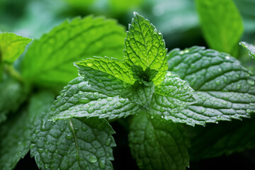 A Bush of Fresh Aromatic Mint. Macro of Peppermint Leaves with Water Drops and Sun Light on a Black Background